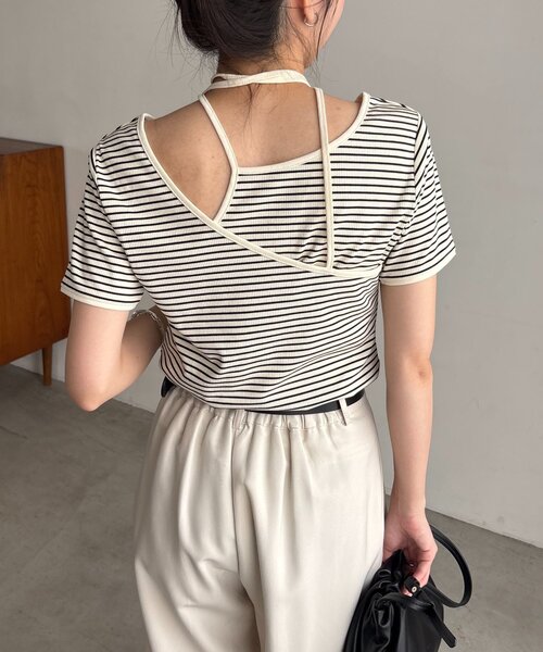 CAPRICIEUX LE'MAGE（カプリシューレマージュ）の「【前後2WAY】アシメレイヤードボーダーT（Tシャツ/カットソー・レディース・アイボリー/ブラック/チャコールグレー・FREE）」の7枚目の写真