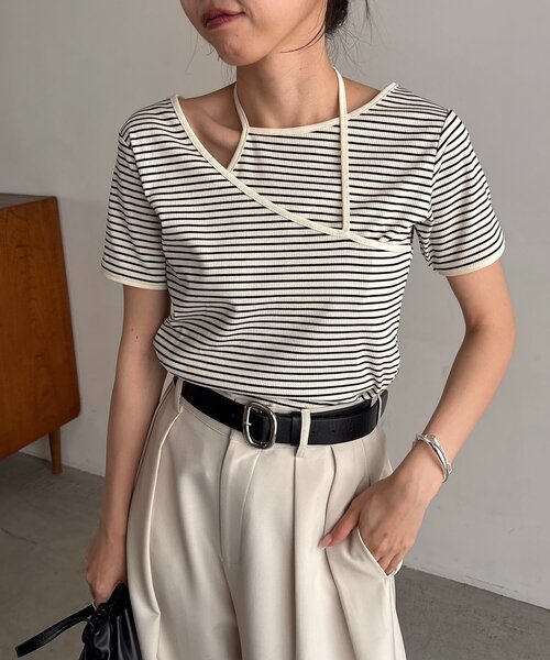 CAPRICIEUX LE'MAGE（カプリシューレマージュ）の「【前後2WAY】アシメレイヤードボーダーT（Tシャツ/カットソー・レディース・アイボリー/ブラック/チャコールグレー・FREE）」の8枚目の写真