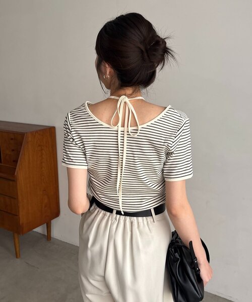 CAPRICIEUX LE'MAGE（カプリシューレマージュ）の「【前後2WAY】アシメレイヤードボーダーT（Tシャツ/カットソー・レディース・アイボリー/ブラック/チャコールグレー・FREE）」の9枚目の写真