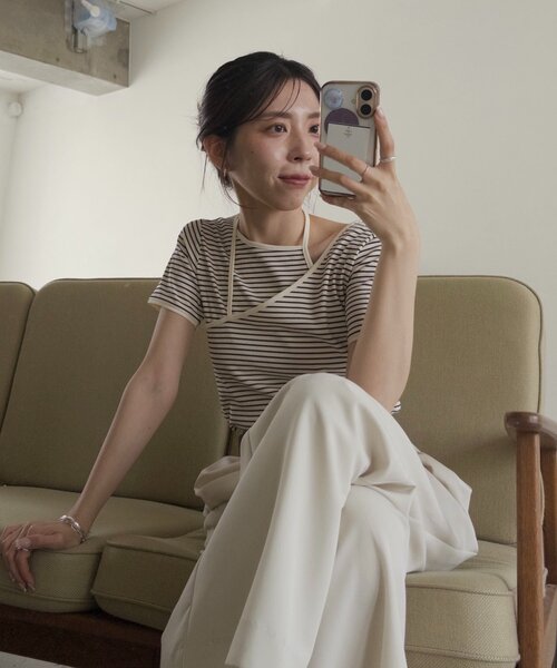 CAPRICIEUX LE'MAGE（カプリシューレマージュ）の「【前後2WAY】アシメレイヤードボーダーT（Tシャツ/カットソー・レディース・アイボリー/ブラック/チャコールグレー・FREE）」の12枚目の写真