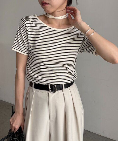 CAPRICIEUX LE'MAGE（カプリシューレマージュ）の「【前後2WAY】アシメレイヤードボーダーT（Tシャツ/カットソー・レディース・アイボリー/ブラック/チャコールグレー・FREE）」の13枚目の写真