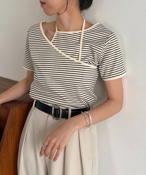 CAPRICIEUX LE'MAGE（カプリシューレマージュ）の「【前後2WAY】アシメレイヤードボーダーT（Tシャツ/カットソー・レディース・アイボリー/ブラック/チャコールグレー・FREE）」の15枚目の写真