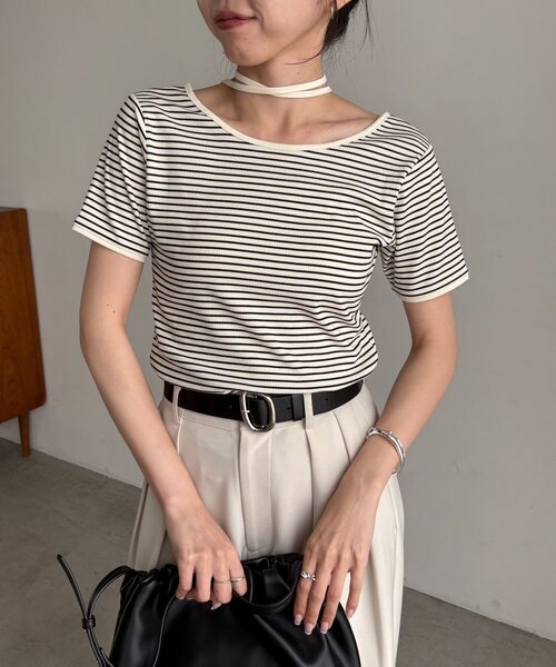 CAPRICIEUX LE'MAGE（カプリシューレマージュ）の「【前後2WAY】アシメレイヤードボーダーT（Tシャツ/カットソー・レディース・アイボリー/ブラック/チャコールグレー・FREE）」の16枚目の写真