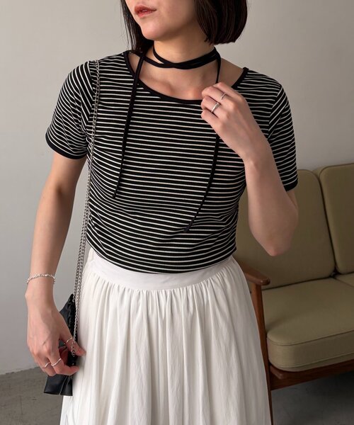 CAPRICIEUX LE'MAGE（カプリシューレマージュ）の「【前後2WAY】アシメレイヤードボーダーT（Tシャツ/カットソー・レディース・アイボリー/ブラック/チャコールグレー・FREE）」の18枚目の写真