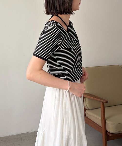 CAPRICIEUX LE'MAGE（カプリシューレマージュ）の「【前後2WAY】アシメレイヤードボーダーT（Tシャツ/カットソー・レディース・アイボリー/ブラック/チャコールグレー・FREE）」の19枚目の写真