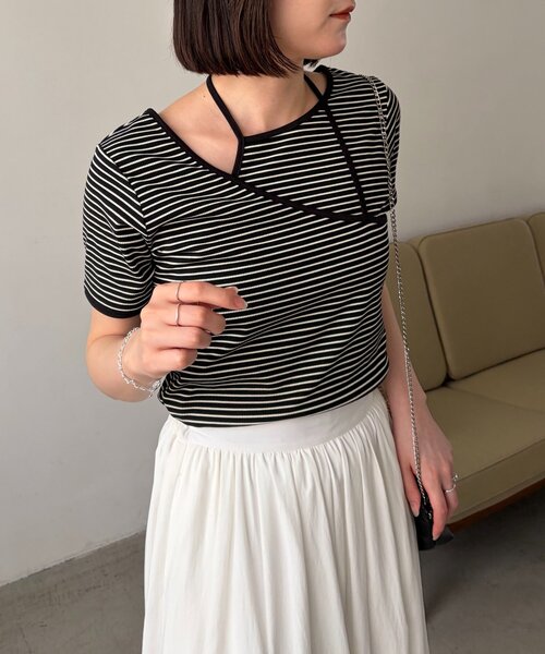 CAPRICIEUX LE'MAGE（カプリシューレマージュ）の「【前後2WAY】アシメレイヤードボーダーT（Tシャツ/カットソー・レディース・アイボリー/ブラック/チャコールグレー・FREE）」の21枚目の写真