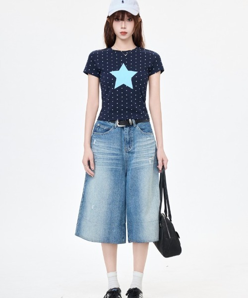 Ritzy(リッツィー)の「ドット 星プリント フィット感クロップド T シャツ(Tシャツ/カットソー・レディース・ベージュ/ネイビー/ブルー系その他・M/S/L)」の9枚目の写真