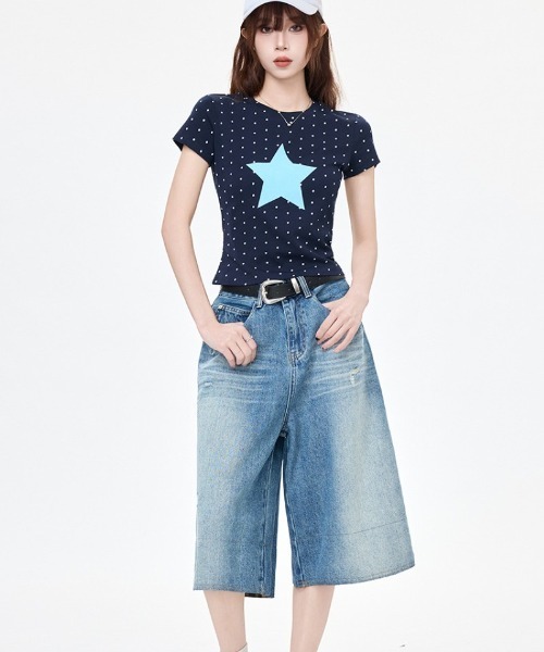 Ritzy(リッツィー)の「ドット 星プリント フィット感クロップド T シャツ(Tシャツ/カットソー・レディース・ベージュ/ネイビー/ブルー系その他・M/S/L)」の15枚目の写真