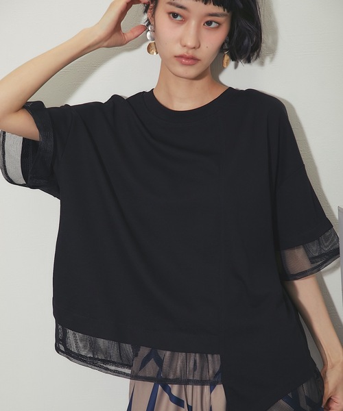 ANOTHER S(アナザーエス)の「メッシュ切替アシンメトリープルオーバー(Tシャツ/カットソー・レディース・ブラック/ホワイト・FREE)」の1枚目の写真