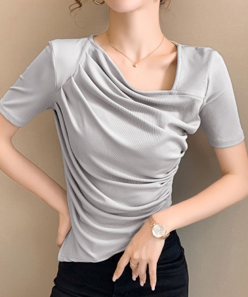 2ly2(トゥーリートゥー)の「ドレープネックリブトップス レディース 半袖カットソー(Tシャツ/カットソー・レディース・ホワイト/グレー・FREE)」の2枚目の写真