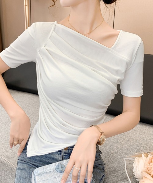 2ly2(トゥーリートゥー)の「ドレープネックリブトップス レディース 半袖カットソー(Tシャツ/カットソー・レディース・ホワイト/グレー・FREE)」の11枚目の写真