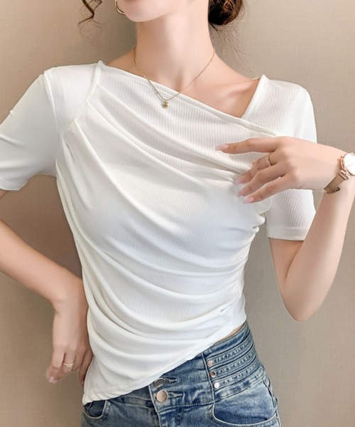 2ly2(トゥーリートゥー)の「ドレープネックリブトップス レディース 半袖カットソー(Tシャツ/カットソー・レディース・ホワイト/グレー・FREE)」の10枚目の写真