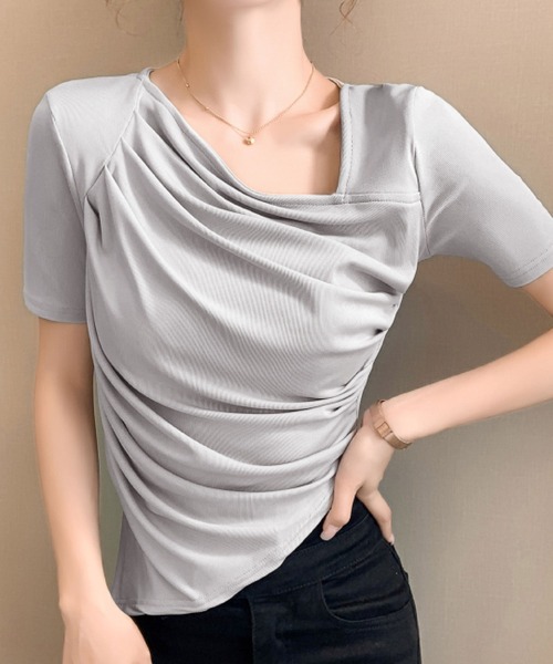 2ly2(トゥーリートゥー)の「ドレープネックリブトップス レディース 半袖カットソー(Tシャツ/カットソー・レディース・ホワイト/グレー・FREE)」の7枚目の写真