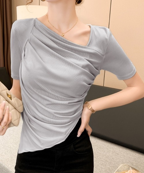 2ly2(トゥーリートゥー)の「ドレープネックリブトップス レディース 半袖カットソー(Tシャツ/カットソー・レディース・ホワイト/グレー・FREE)」の6枚目の写真