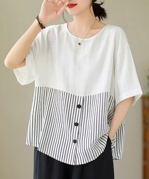 Flugge(フラッジー)の「ストライプシャツ切り替えカットソー(Tシャツ/カットソー・レディース・ホワイト・MEDIUM/LARGE)」の1枚目の写真