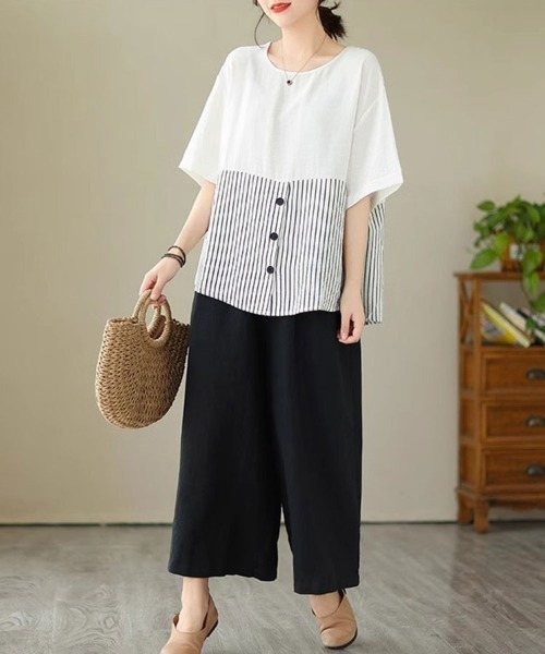 Flugge(フラッジー)の「ストライプシャツ切り替えカットソー(Tシャツ/カットソー・レディース・ホワイト・MEDIUM/LARGE)」の2枚目の写真