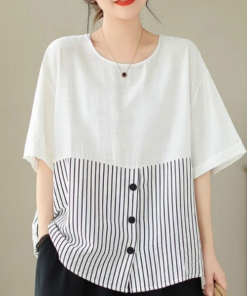 Flugge(フラッジー)の「ストライプシャツ切り替えカットソー(Tシャツ/カットソー・レディース・ホワイト・MEDIUM/LARGE)」の4枚目の写真