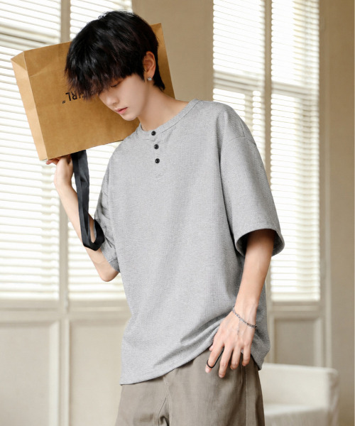 neos（ネオス）の「【neos】ルーズシルエット ワッフル サーマル ヘンリーネック 半袖Tシャツ オーバーサイズ カットソー（Tシャツ/カットソー・メンズ・ブラック/グレー/ホワイト・MEDIUM/X-LARGE/LARGE）」の3枚目の写真