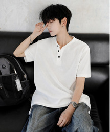 【neos】ルーズシルエット ワッフル サーマル ヘンリーネック 半袖Tシャツ オーバーサイズ カットソー