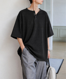 neos | 【neos】ルーズシルエット ワッフル サーマル ヘンリーネック 半袖Tシャツ オーバーサイズ カットソー(Tシャツ/カットソー)
