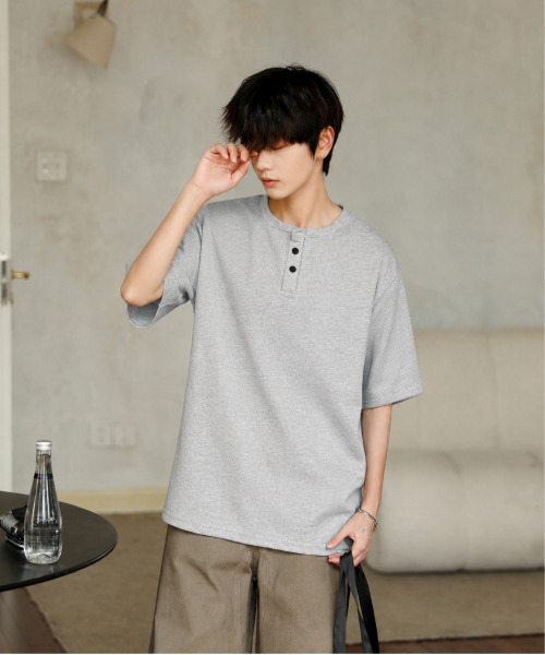 neos（ネオス）の「【neos】ルーズシルエット ワッフル サーマル ヘンリーネック 半袖Tシャツ オーバーサイズ カットソー（Tシャツ/カットソー・メンズ・ブラック/グレー/ホワイト・MEDIUM/X-LARGE/LARGE）」の18枚目の写真