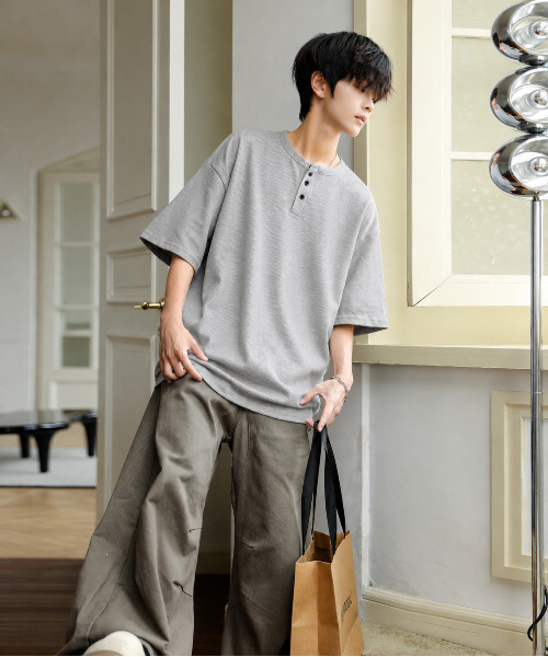 neos（ネオス）の「【neos】ルーズシルエット ワッフル サーマル ヘンリーネック 半袖Tシャツ オーバーサイズ カットソー（Tシャツ/カットソー・メンズ・ブラック/グレー/ホワイト・MEDIUM/X-LARGE/LARGE）」の20枚目の写真