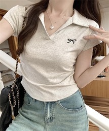 サイドシャーリング リボン刺しゅうスキッパーTシャツ
