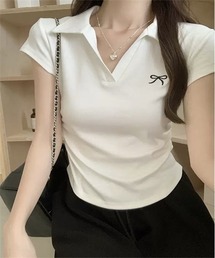 サイドシャーリング　リボン刺しゅうスキッパーＴシャツ