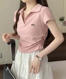 サイドシャーリング　リボン刺しゅうスキッパーＴシャツ
