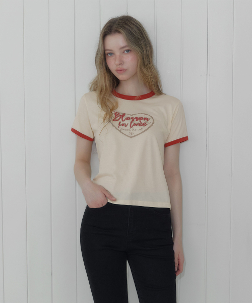TWEE（トゥウィー）の「ヘグルハート配色リンガー半袖Tシャツ（Tシャツ/カットソー・レディース・チャコールグレー/ホワイト/ライトイエロー・FREE）」の4枚目の写真