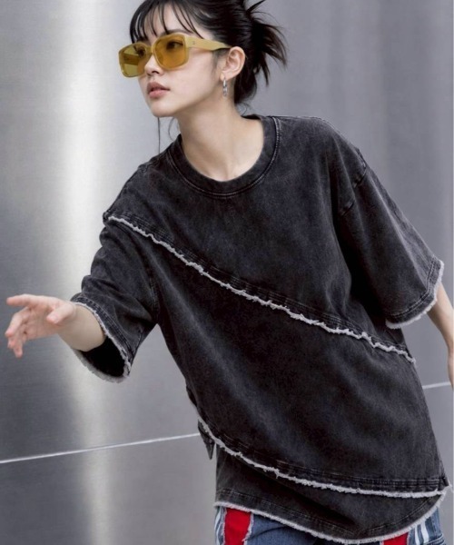 KAMINARI_TOKIO(カミナリトキオ)の「リメイクライクカットオフデザインTシャツ(Tシャツ/カットソー・レディース・ブラック/グレー・FREE)」の6枚目の写真