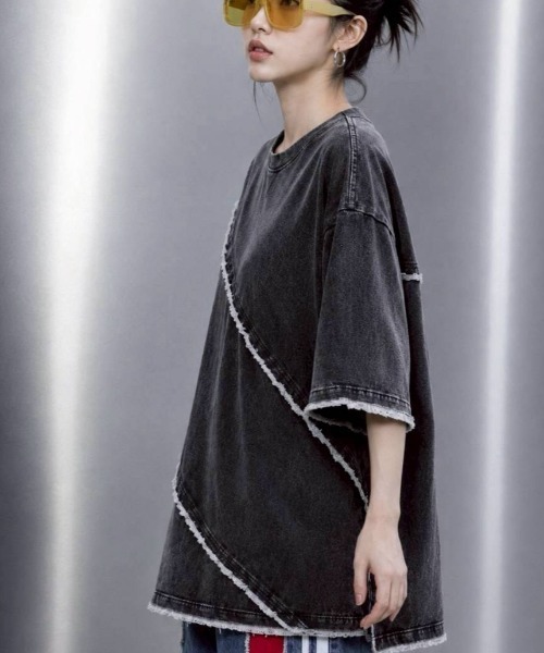 KAMINARI_TOKIO(カミナリトキオ)の「リメイクライクカットオフデザインTシャツ(Tシャツ/カットソー・レディース・ブラック/グレー・FREE)」の5枚目の写真