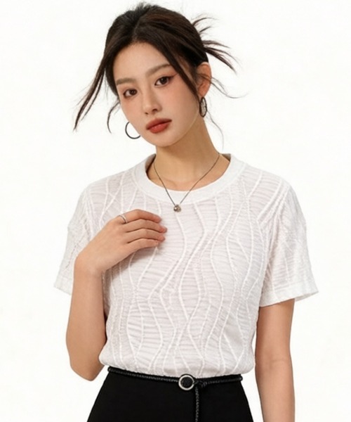 FREE STYLISTS（フリー スタイリスト）の「レディース エレガント バケーション ビーチ ホリデー カジュアル ニット調 テクスチャー クリンクル アプリコット 半袖Tシャツ（Tシャツ/カットソー・レディース・ホワイト・M/S）」の3枚目の写真
