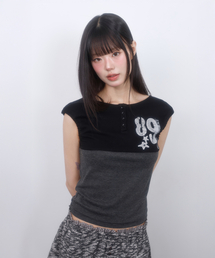 ヘンリーネックストライプパフスリーブレスBLACK
