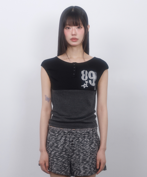 LMR(エルエムアール)の「ヘンリーネックストライプパフスリーブレスBLACK(Tシャツ/カットソー・レディース・ブラック・MEDIUM/SMALL)」の3枚目の写真