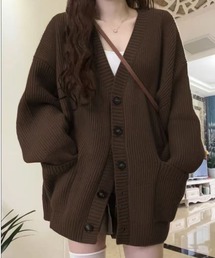 【たっぷり袖×ゆったりオーバーサイズが可愛い♪】Vネックオーバーニットカーディガン/ポケット付き/秋服/冬服