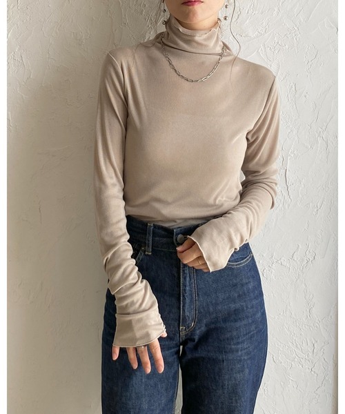 She's Closet(シーズクローゼット)の「ハイネック 長袖 シアートップス ロングTシャツ(Tシャツ/カットソー・レディース・ネイビー/ホワイト/ブラック/ブラウン/グレイッシュベージュ/ライトグレー/チャコールグレー/レッド・FREE)」の12枚目の写真