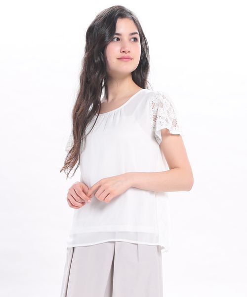 ROPE' PICNIC(ロペピクニック)の「レースドッキングシフォンブラウス(シャツ/ブラウス・レディース・ベージュ/ネイビー/ブルー系その他/ホワイト/ブラック・36/38)」の1枚目の写真