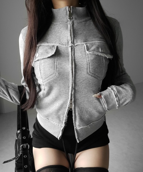 me+em select(ミームセレクト)の「【 2color 】ダブルジップアウトポケット裏毛スリムジャケット / Double-zip outer pocket sweat slim jacket(その他アウター・レディース・ブラック/グレー・FREE)」の1枚目の写真