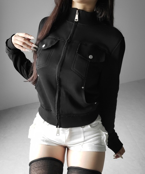 me+em select(ミームセレクト)の「【 2color 】ダブルジップアウトポケット裏毛スリムジャケット / Double-zip outer pocket sweat slim jacket(その他アウター・レディース・ブラック/グレー・FREE)」の14枚目の写真