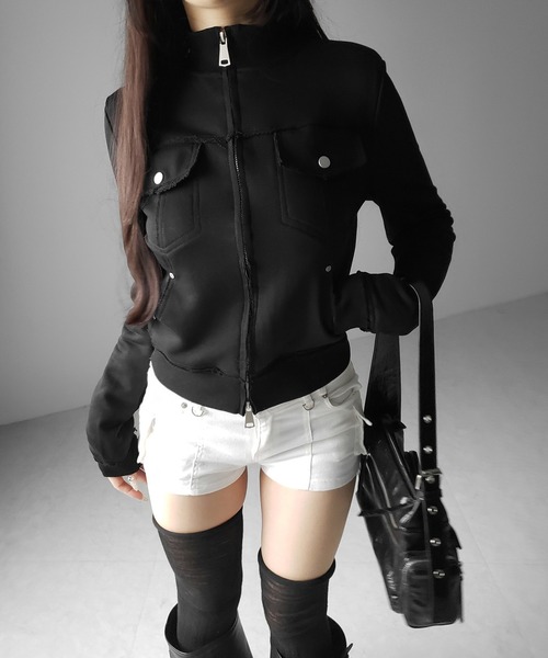 me+em select(ミームセレクト)の「【 2color 】ダブルジップアウトポケット裏毛スリムジャケット / Double-zip outer pocket sweat slim jacket(その他アウター・レディース・ブラック/グレー・FREE)」の20枚目の写真