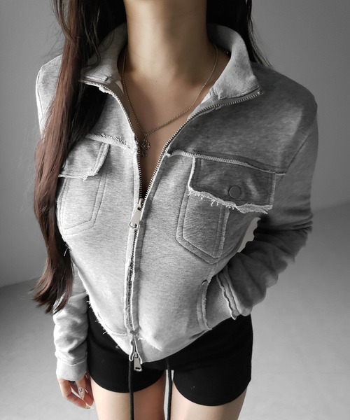 me+em select(ミームセレクト)の「【 2color 】ダブルジップアウトポケット裏毛スリムジャケット / Double-zip outer pocket sweat slim jacket(その他アウター・レディース・ブラック/グレー・FREE)」の10枚目の写真