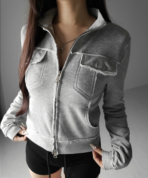 me+em select(ミームセレクト)の「【 2color 】ダブルジップアウトポケット裏毛スリムジャケット / Double-zip outer pocket sweat slim jacket(その他アウター・レディース・ブラック/グレー・FREE)」の12枚目の写真