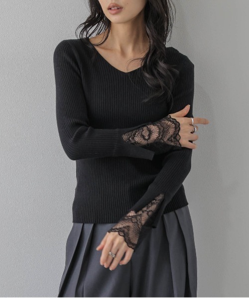 AMELY(エミリー)の「袖口レースリブトップス/インナー/レイヤード(ニット/セーター・レディース・ブラック/モカ/グレー/ホワイト・フリー)」の15枚目の写真
