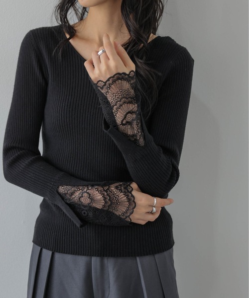 AMELY(エミリー)の「袖口レースリブトップス/インナー/レイヤード(ニット/セーター・レディース・ブラック/モカ/グレー/ホワイト・フリー)」の19枚目の写真