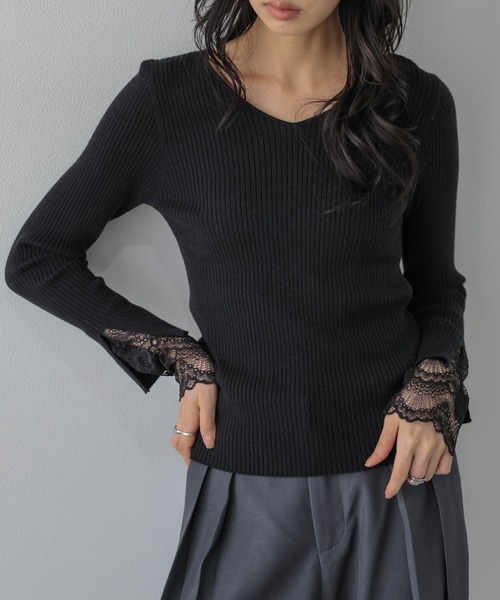 AMELY(エミリー)の「袖口レースリブトップス/インナー/レイヤード(ニット/セーター・レディース・ブラック/モカ/グレー/ホワイト・フリー)」の21枚目の写真