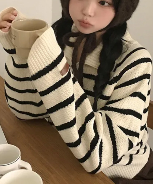 VIVID LADY(ビビッドレディー)の「ボーダー柄 襟付きショートニットカーディガン(ニット/セーター・レディース・チャコールグレー/ネイビー/アイボリー・FREE)」の9枚目の写真