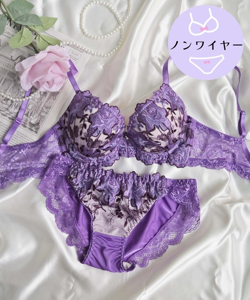 【ノンワイヤー/ラクして整う！ストレスフリーで上品なフィット感♪】上下セット/M-LL/脇高ビビットフラワー刺繍