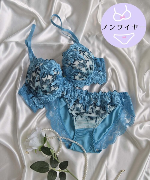 【ノンワイヤー/ラクして整う！ストレスフリーで上品なフィット感♪】上下セット/M-LL/脇高ビビットフラワー刺繍
