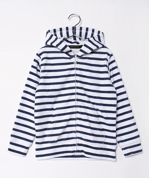 VENCEEXCHANGE（ヴァンスエクスチェンジ）の「KIDS パイルジップパーカー ボーダー総プリント（パーカー・キッズ・オフホワイト/ネイビー・130cm/140cm/120cm/150cm）」の2枚目の写真